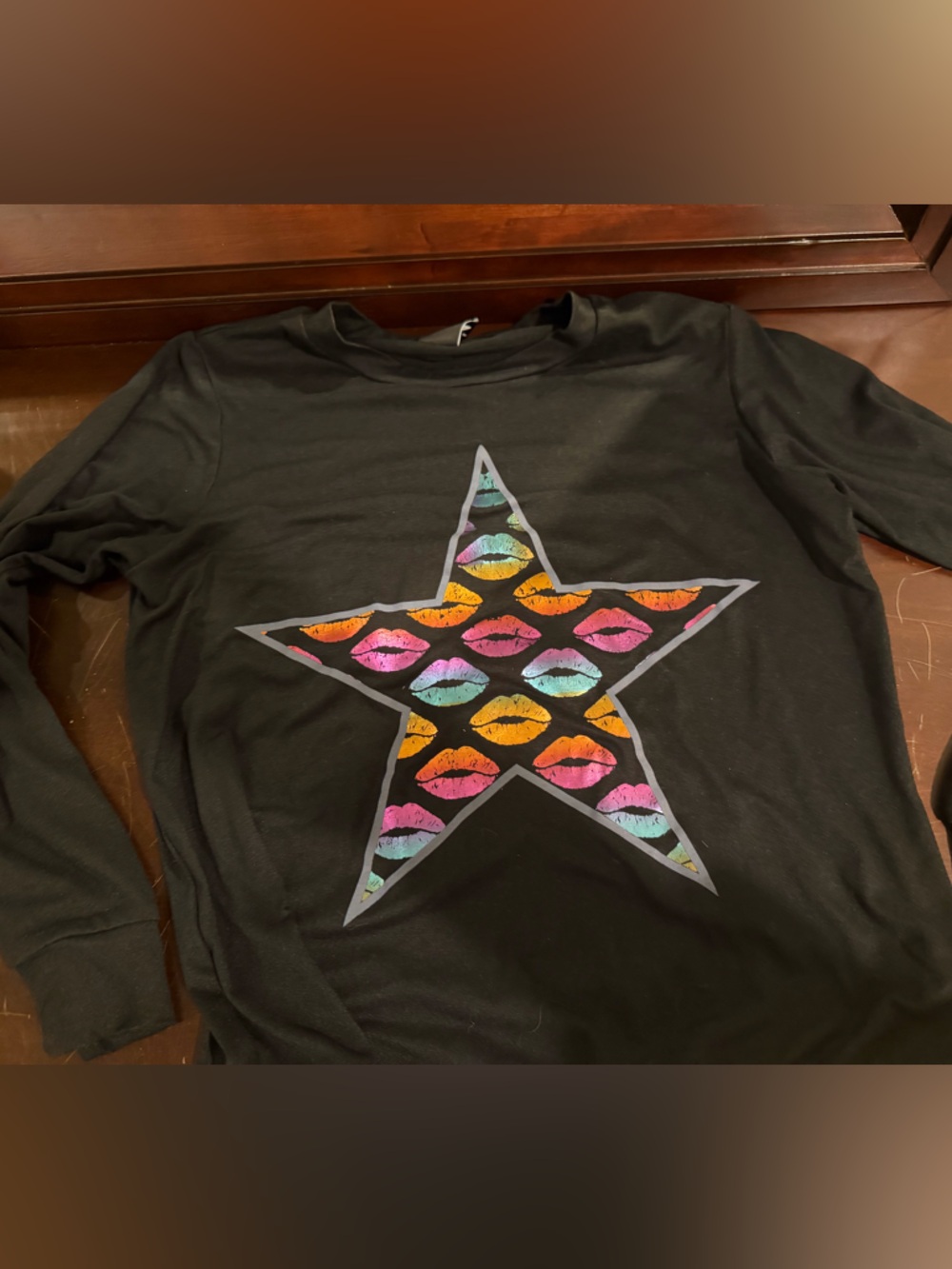 Girls' Black Long-Sleeve Hoodie with Rainbow Lip Star Graphic- worn once